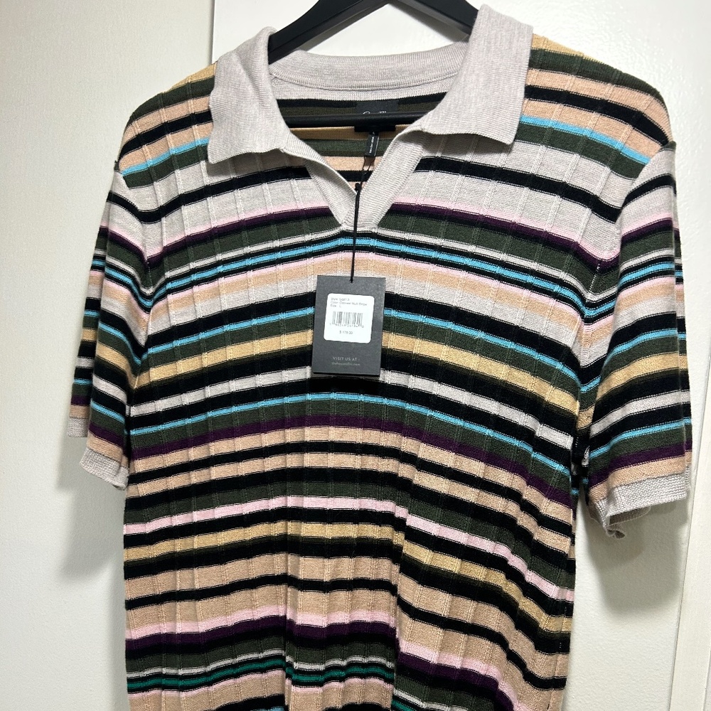 Good Man Brand Mens Large Merino Wool Collared Short Sleeve Striped Polo Shirt